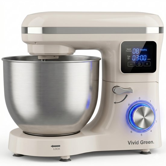 Vivid Green 2000W Keukenrobot - 6.2L - Display Instelbare Timer - Mixer met Mengkom - Keukenmachine - Keukenmixer - Creme