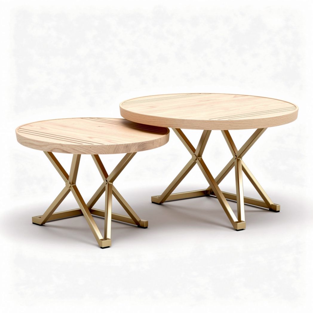 Houten salontafels met metalen onderstel set van twee rond 50 x 50 x 45cm