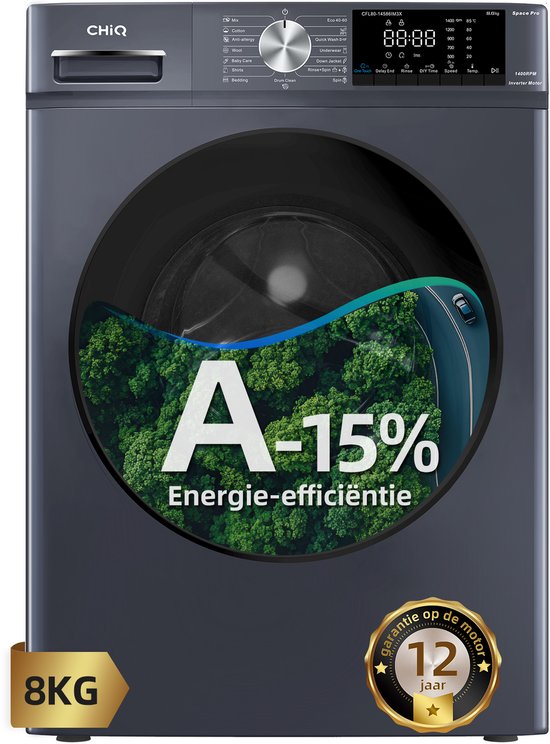 CHiQ CFL80-14586IM3XA - Wasmachine - 8 KG - Space Pro - A-15% - 16 programma's - AI Smart - Stoomwassen Quick Wash - 12 jaar garantie op motor(Grijs)