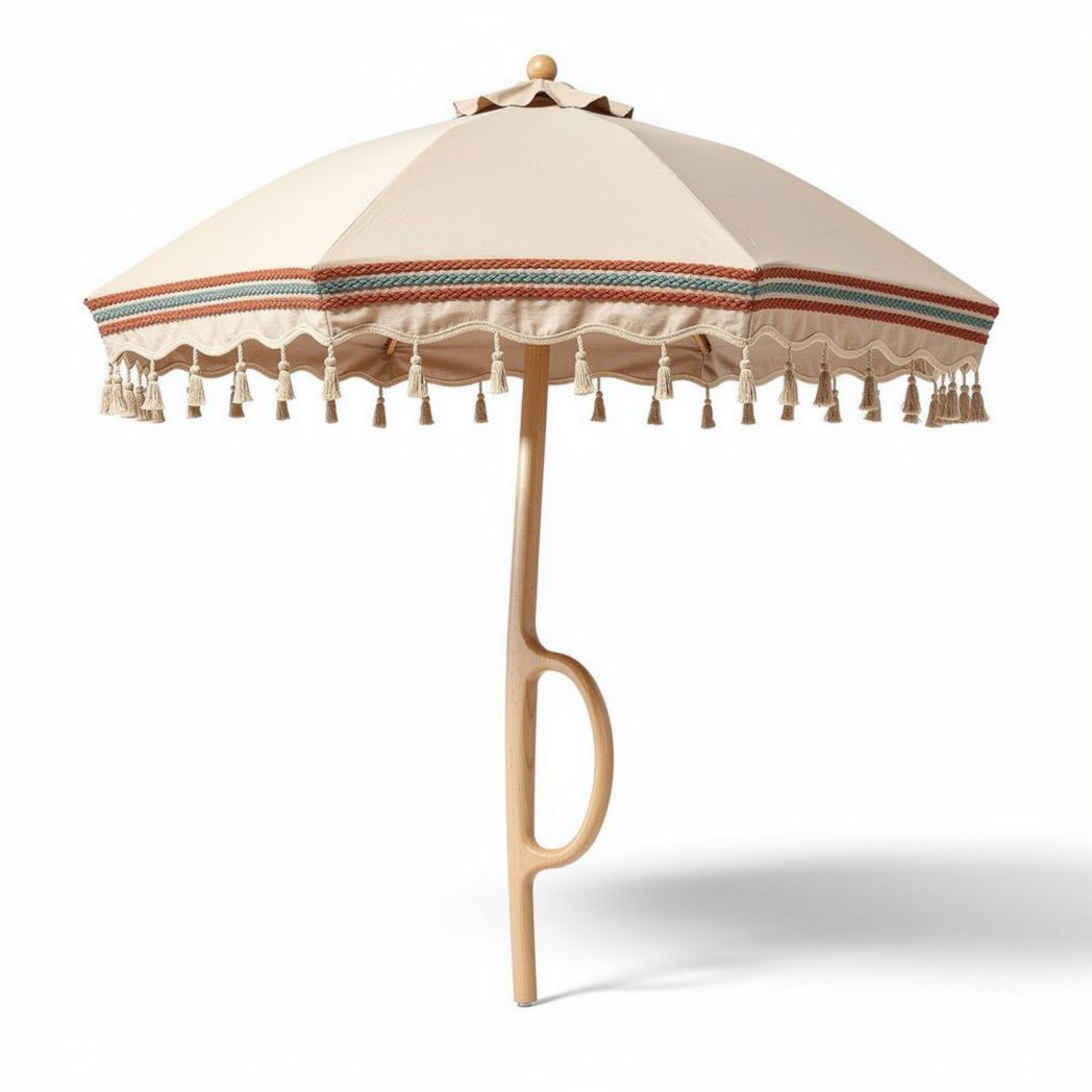 Gemodelleerde parasol van katoen met houten voet en franjes 250 x 250 cm