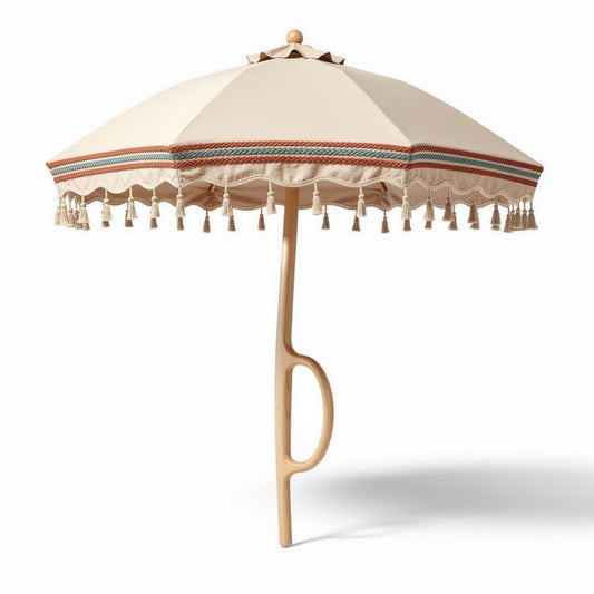 Gemodelleerde parasol van katoen met houten voet en franjes 250 x 250 cm
