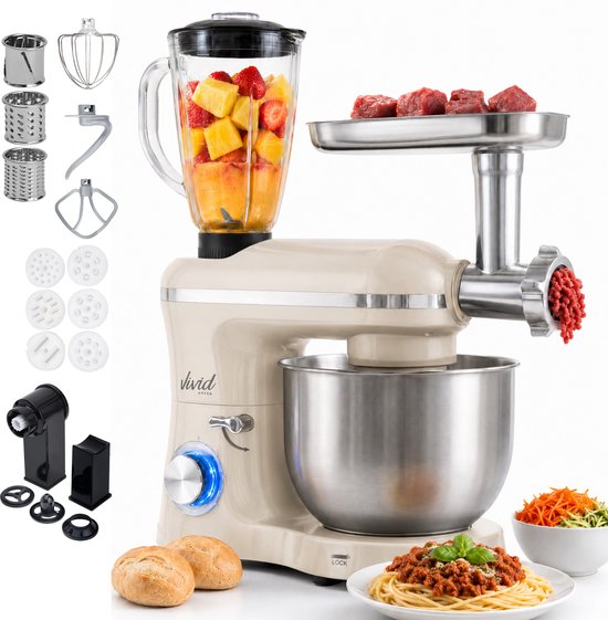 Vivid Green 2000W Keukenrobot - 6.2L - Alles-in-een Keukenmixer - Mixer met Mengkom - Keukenmachine - Gehaktmolen en Blender- Pastamachine – Grijs(Creme)