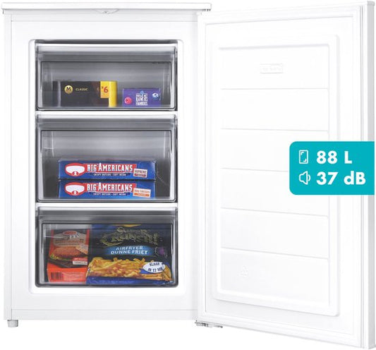 Tomado TFT5501W Tafelmodel vriezer energiezuinig - 88 liter - 55 cm breed - Stil: 37 dB - Energielabel C - Diepvries - Compact - Vrijstaand - 3 vrieslades - Wit(Wit)